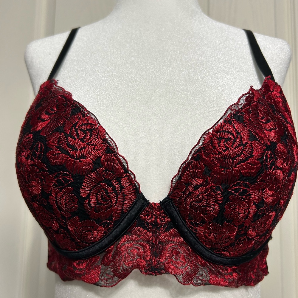 La Vie En Rose embroidered Red Rose Push Up Bra